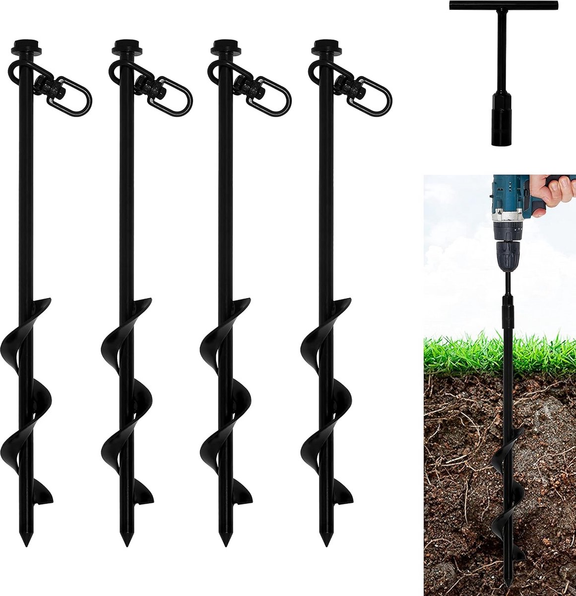 VASGOR 30,5 cm grondankers (4 stuks) eenvoudig te gebruiken met boor, 10 mm diameter, robuuste ankerhaak voor campingtent, luifels, autopoorten, schuren, schommelsets, beveiligingsdieren - zwart