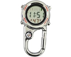 Karabijnhaakhorloge, digitaal cliphorloge met quartz uurwerk – Multifunctioneel horloge met karabijnhaak, kompas en lichtgevende wijzerplaat, geschikt voor gebruik aan de rugzak van artsen en hulpverleners. Lichtgevend digitaal display.