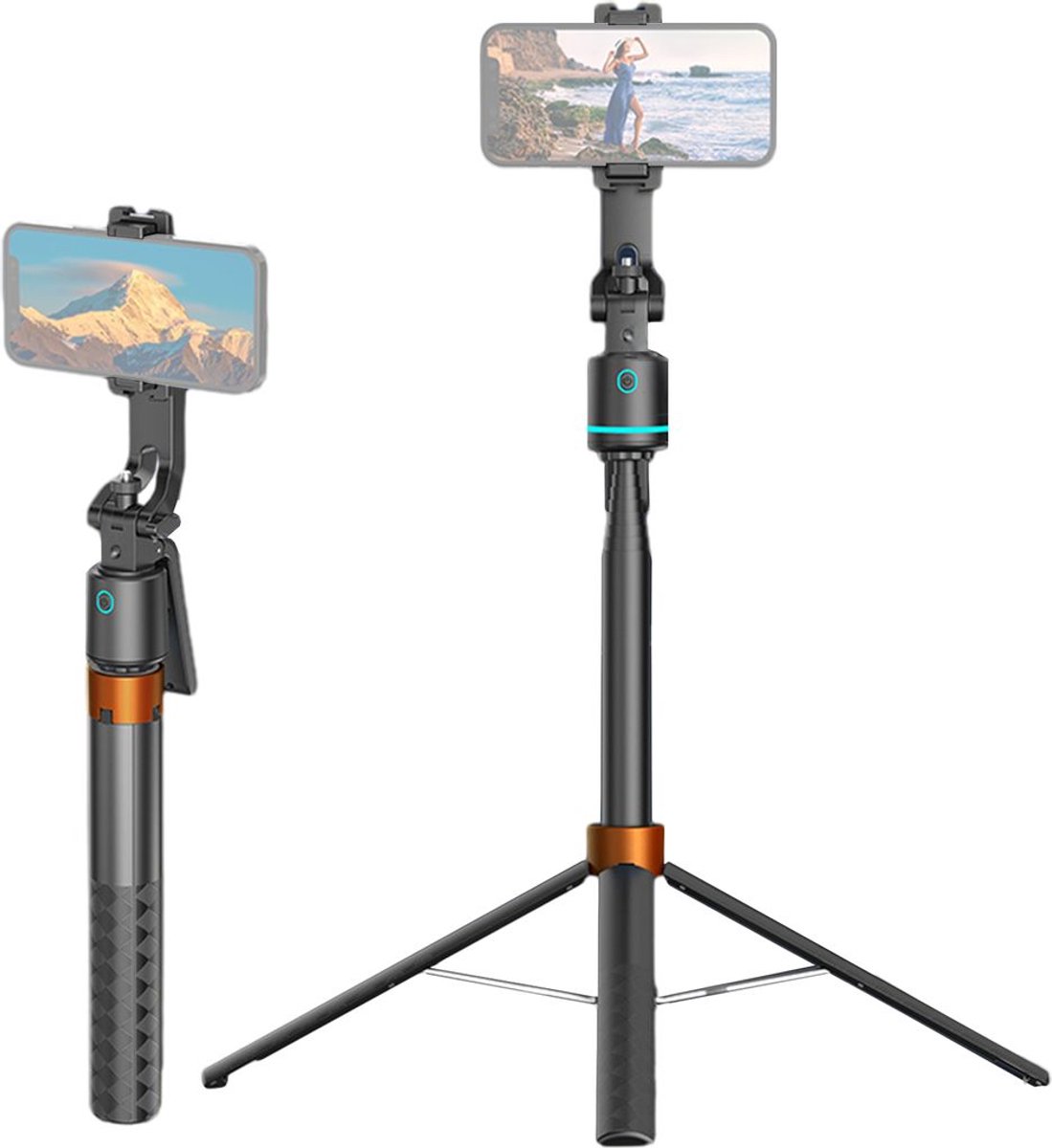 Selfiestick met statief, automatische gezichtsherkenning, 180 cm/71 inch, telescopisch, 360° draaibaar, quadrupool, met 1/4-inch schroefdraad, ideaal voor vlogs, selfies, livestreaming, groepsfoto's en video-opnames.
