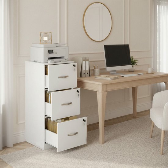 Witte archiefkast met 3 open lades, met printer en computer in een kantoor.