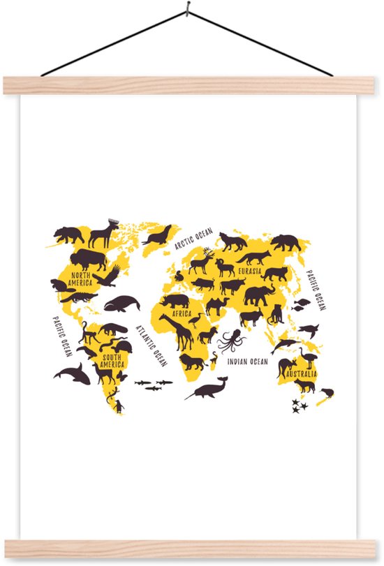 Décoration murale - Carte du Wereldkaart - Animaux - Jaune - Affiche scolaire - 40x53 cm