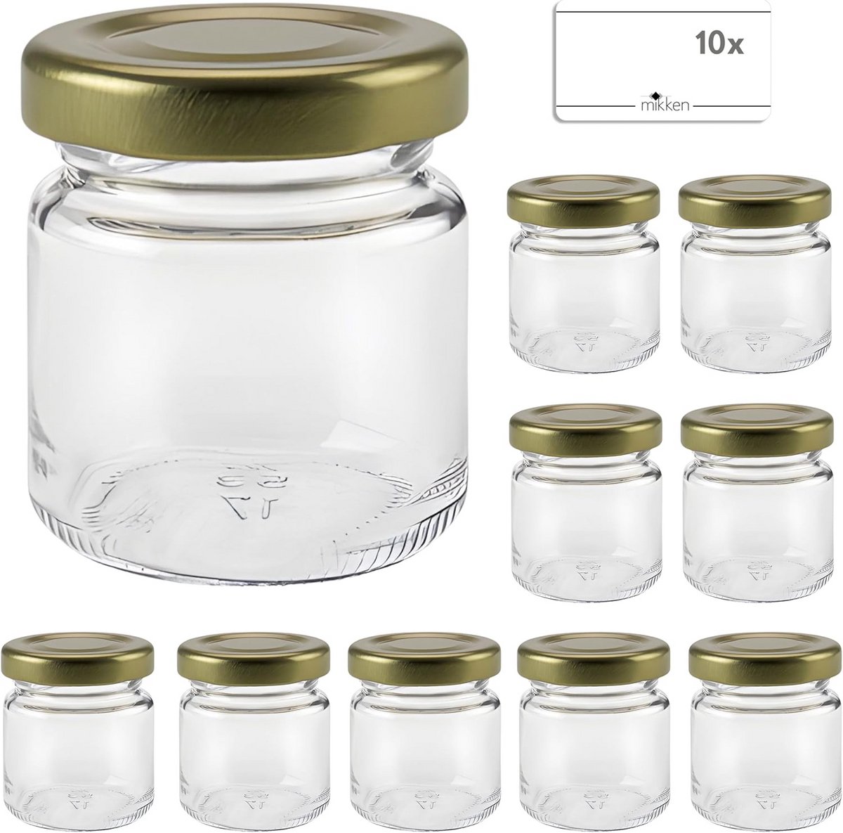 Mini Weckpotjes Set van 10 - 53 ml met Gouden Deksel en Labels