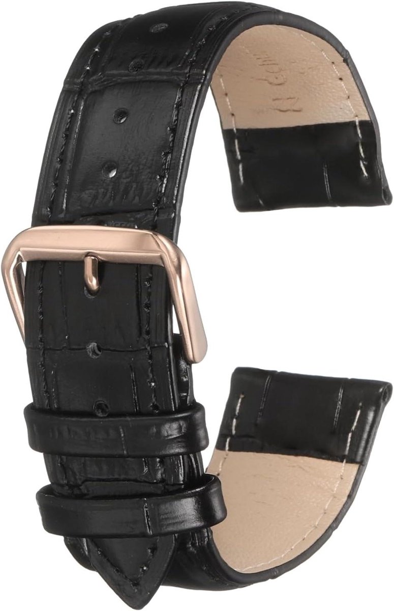 TEMGoods - Reliëf Patroon Rundleer Horlogeband Vervanging 22mm - Zwart Roségoud- Heren en Dames