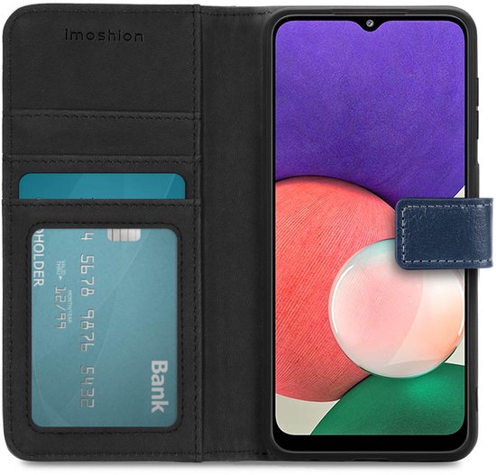 Open donkerblauw telefoonhoesje met telefoon, kaarten en "imoshion" logo.