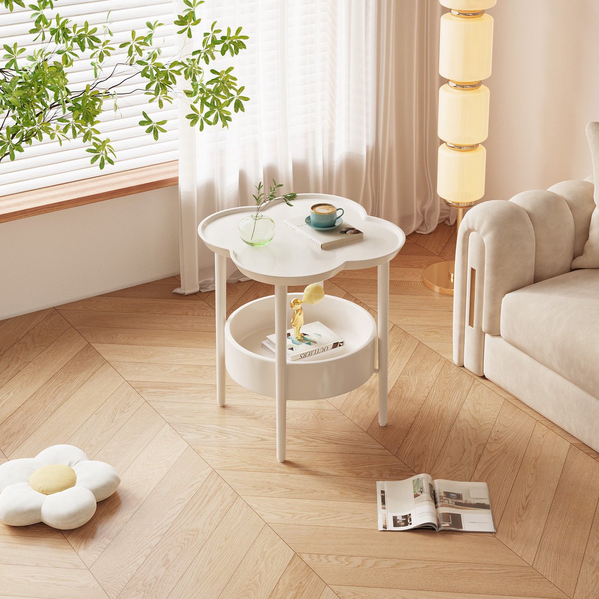 Guyii Ronde Bijzettafel met Opbergruimte – 2-Laags – Compact Design – 45 cm – Wit bijzettafel