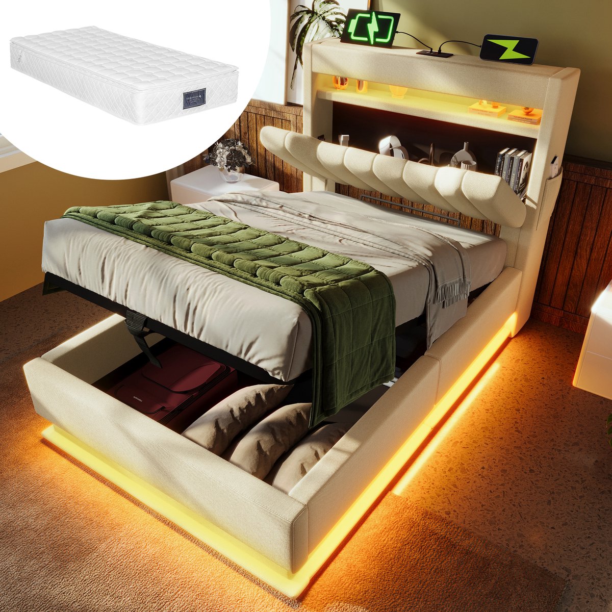 STILVORA Gestoffeerd Bed 90x200cm Met Matras - Bed Met LED Verlichting, USB En Type C - Hydraulische Opbergruimte - Eenpersoons - Beige