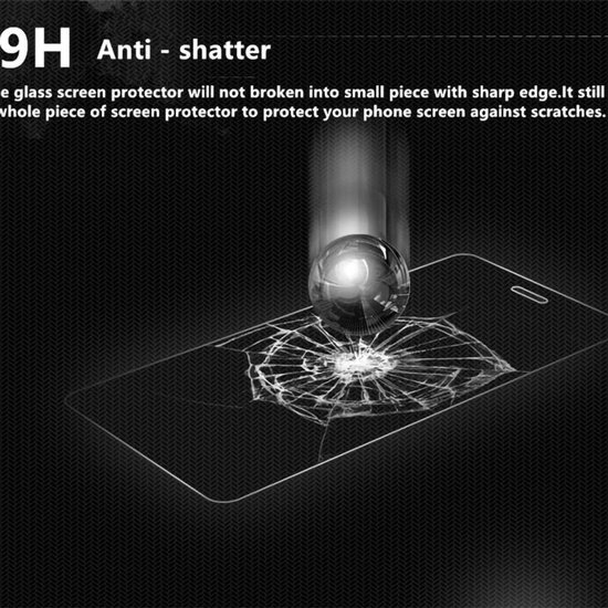Screenprotector toont de 9H anti-shatter eigenschap waarbij een bal op het glas valt.