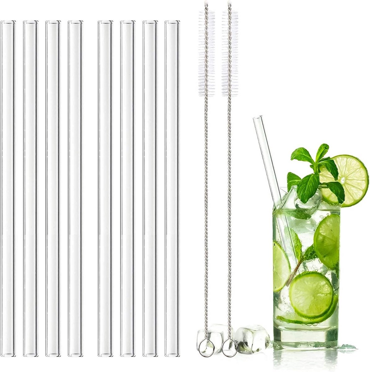 8x Herbruikbare Glazen Rietjes (20 cm) - Inclusief 2 Borstels - Voor Koude & Warme Dranken