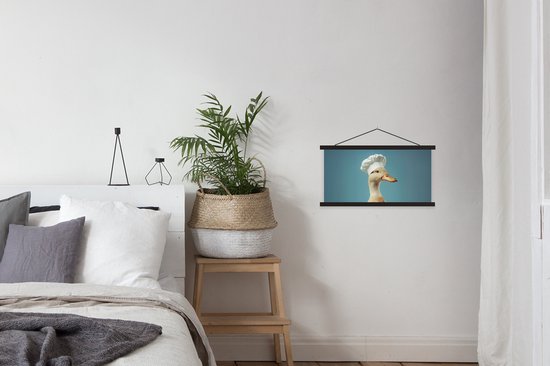 Posterhanger incl. Poster 60x30 cm - Schoolplaat - Eend - Koksmuts - Cute - Vogel - Textielposter - Zwarte latten