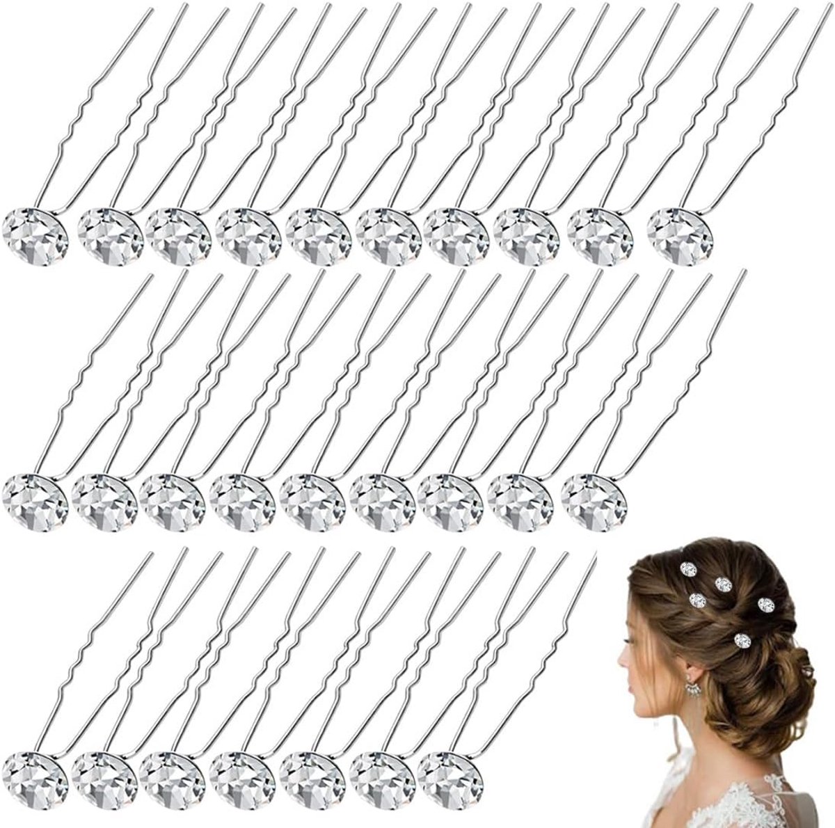 30 Stuks Witte U-Haarspelden met Strass Steentjes voor Bruiloft en Feestkapsels