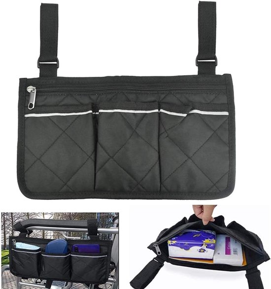 Opbergtas Rolstoel met reflectiestreep - Armleuning Rolstoeltas - Scootmobiel tas - armleuingtas rolstoel - met 4 Opbergvakken - Geschikt voor rolstoel, scootmobiel & rollator - Zwart