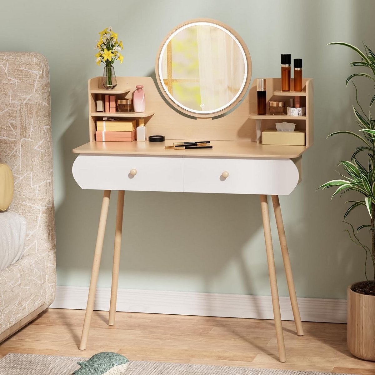 Verstelbare LED Make-up Tafel met Spiegel, 3 Lichtmodi en Opbergruimte