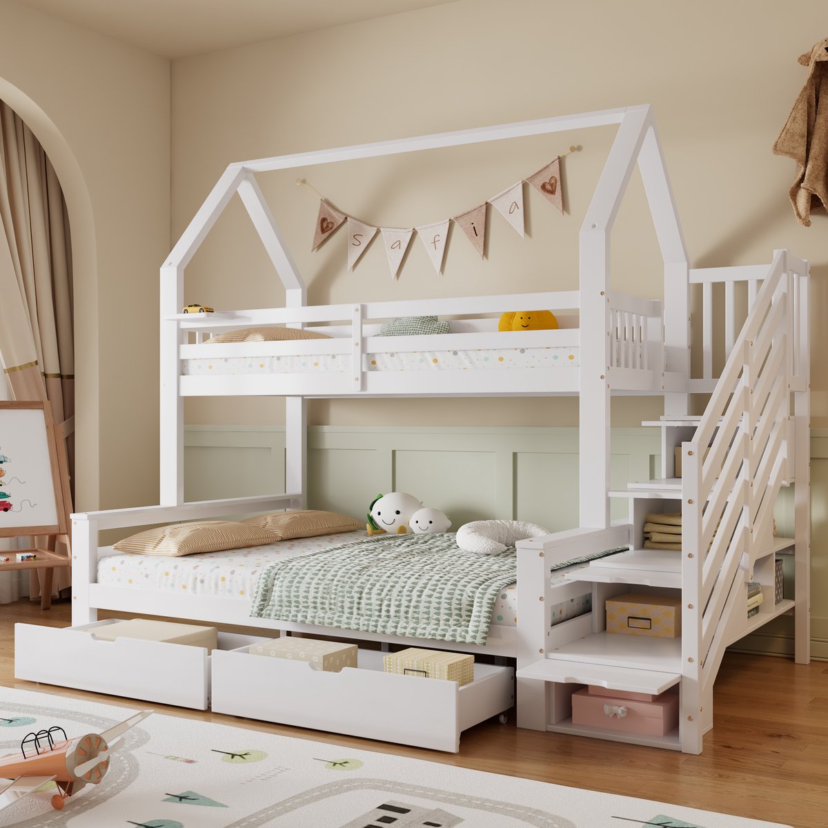 HAUSS SPOLE Stapelbed 90x200cm & 140x200cm - Kinderbed met Dakdesign en Veiligheidshekje - Met Trapkast en 2 Laden op Wielen - Grenen & MDF - Wit - Zonder matras