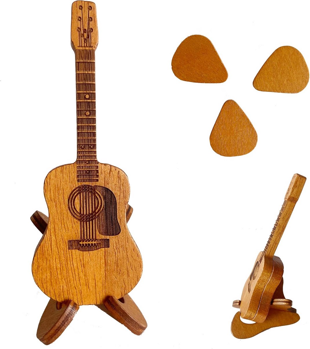 Houten gitaar pickbox en standaard met plectrums