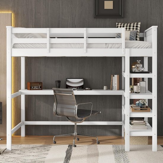 Kinderhoogslaper 90x200cm Met Valbeveiliging - Bureau En Kledingkast En Ladder Hout Wit Zonder Matras
