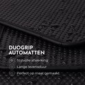 Zwarte mat met noppenpatroon en waterdruppels, tekst: Duogrip automatten, stijlvolle afwerking, lange levensduur, perfect op maat gemaakt