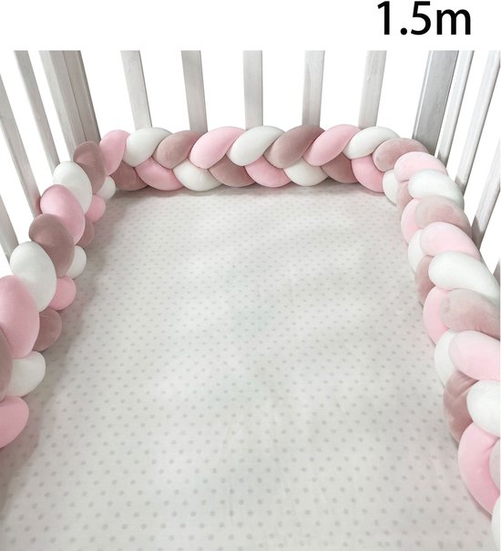 Gevlochten Baby bedomrander – wiegbumpers - Boxomrander baby – Bedslang - Bedbumper - Zachte antibotsingsvulling - Handgeweven - Baby Beddengoed -Hoofdbeschermer - Parkomrander - Bedrand - Bed bumper ledikant - Jongens/Meisjes – 1.5 meter - Roze
