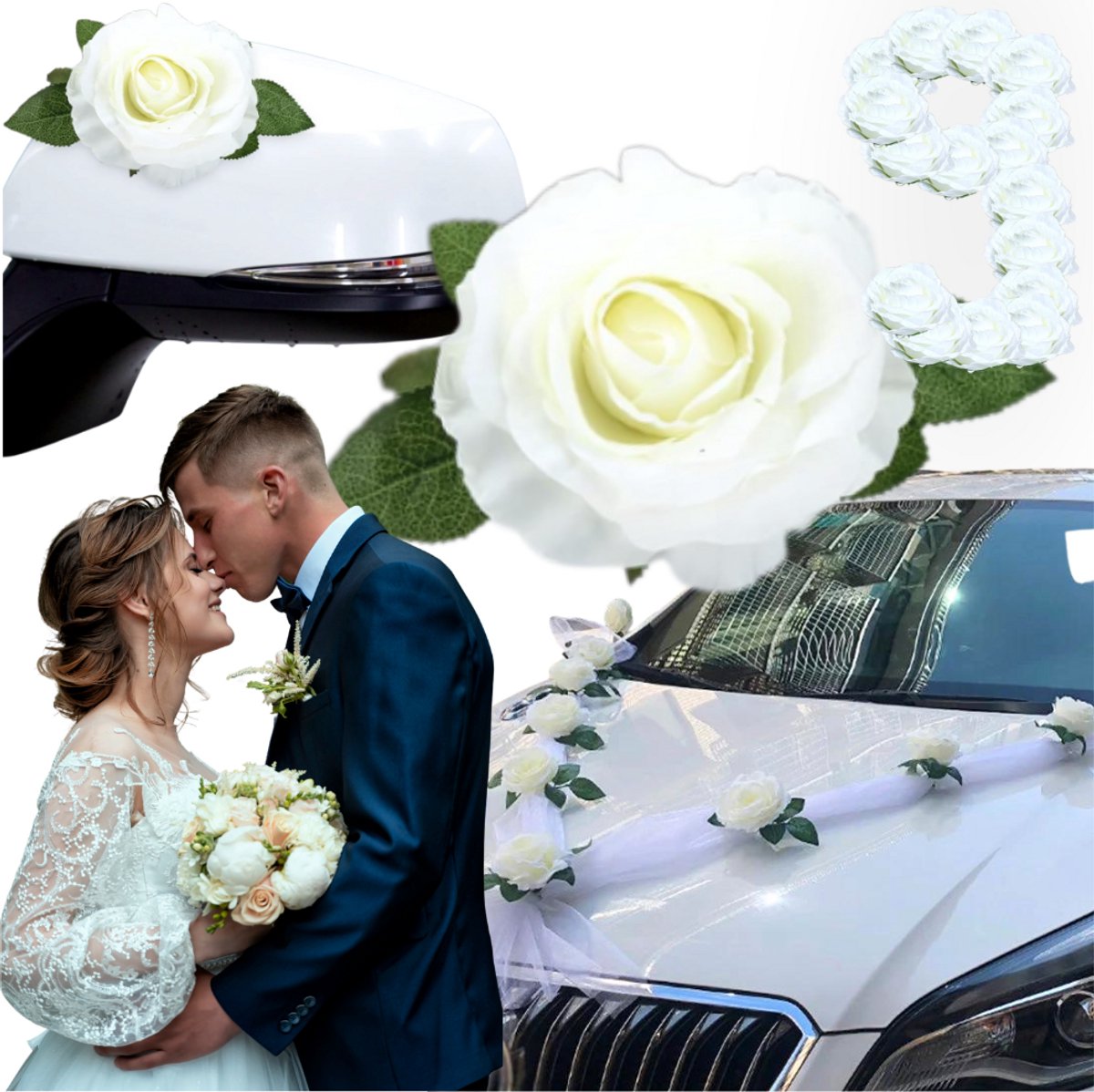 Zolta - Auto Trouwdecoratie - Kleur Wit - 160 cm - 9 Kleurige Bloemen