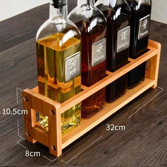 SUPERFINDINGS 4 Gaten Houten Keuken Kruidenfles Organizer Rack 35.2x8x11cm Ronde Slot Olie Azijn Fles Opslag Display Rack Minimalisme Keuken Dispenser Olijf Pot Staande Plank Rack