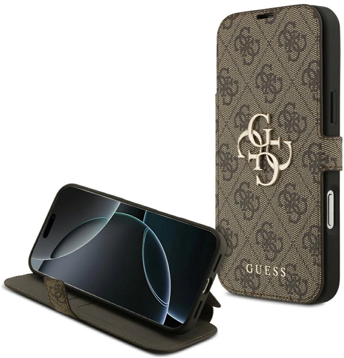 Guess 4G Big Metal Logo Book Wallet Case hoesje voor iPhone 17 Pro Max - Bruin