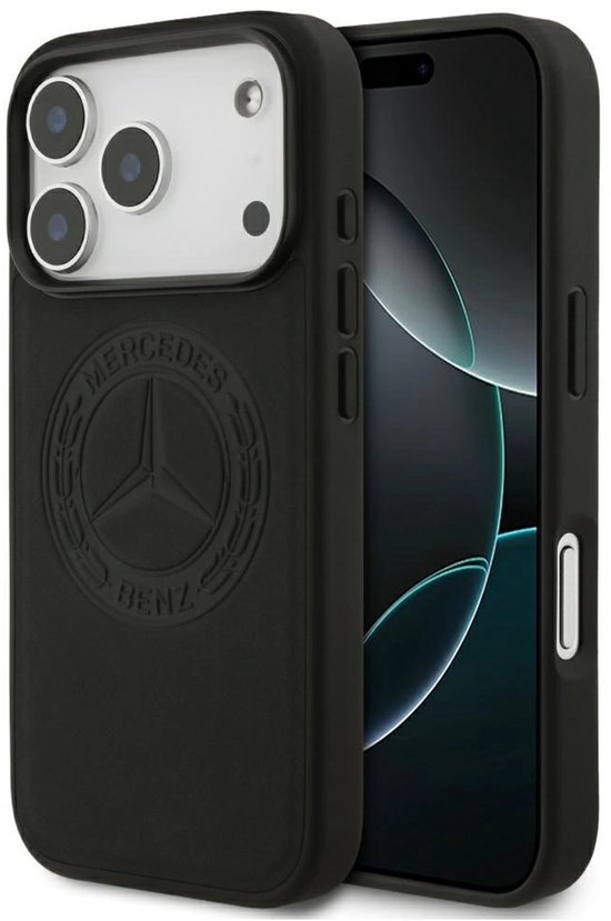 Zwarte backcover met reliëf Mercedes-Benz logo, om een iPhone 14 Pro.
