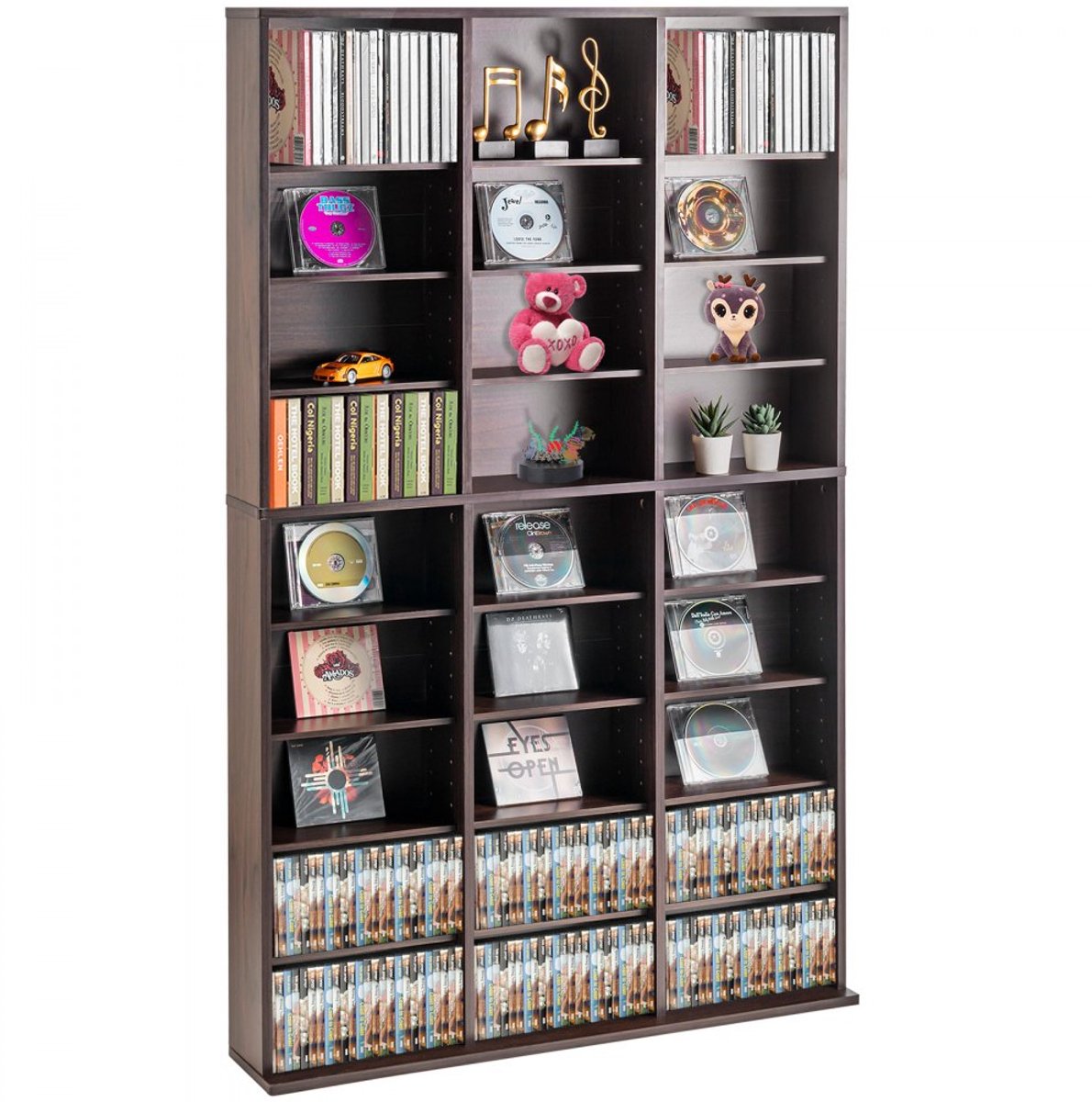 Media-opbergkast - CD/DVD Rek - 9-Laags - 27 Compartimenten - Verstelbare Planken - Capaciteit 756 CD's - Espresso