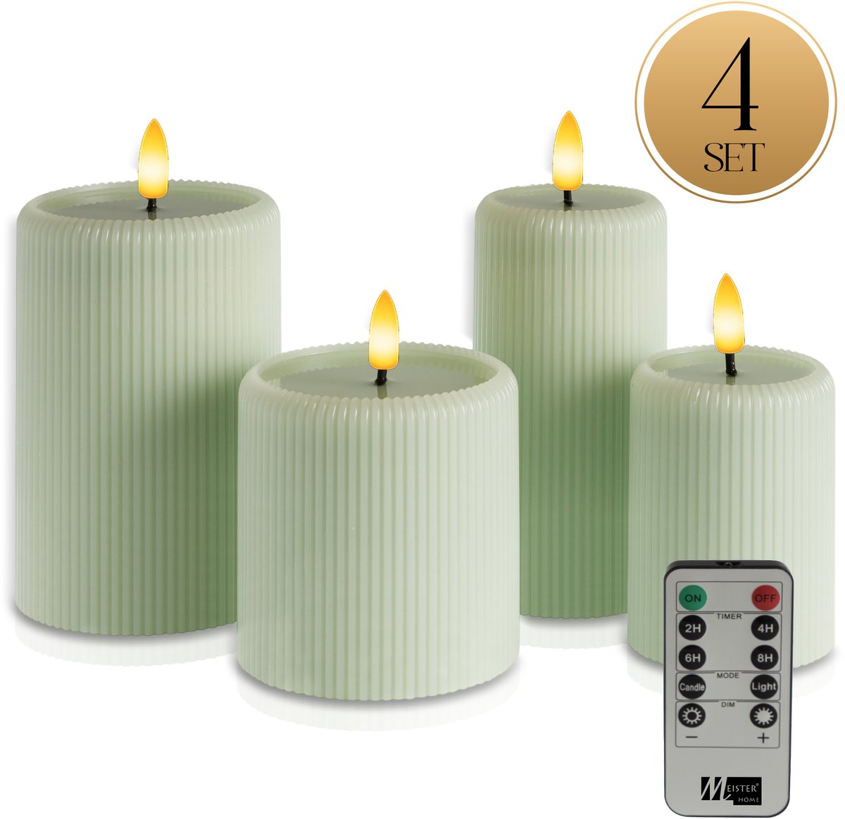 Meisterhome® LED Kaarsen 4-delige Set Sage – Flikkerend Licht – Met Afstandsbediening & Timer – Batterijverlichting – Ø7,5/10 cm, Hoogte 10/15 cm – Ribbeldesign – Vlamloos & Energiezuinig