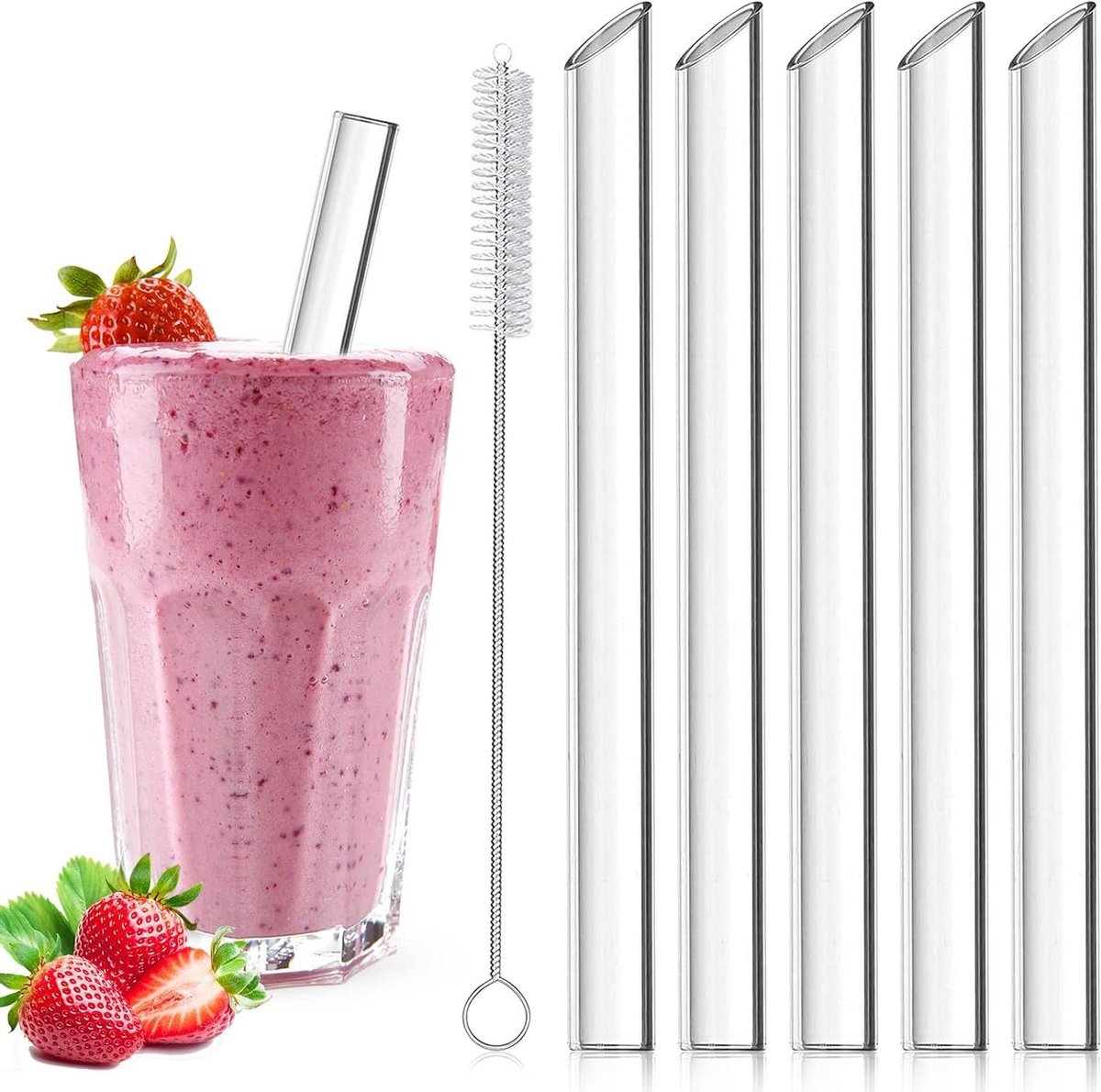 EGoods - Herbruikbare Extra Dikke Glazen Bubbeltea-Rietjes Set van 5 - Met Reinigingsborstel - Ideaal voor Bubbelthee, Smoothies en Cocktails - 14 mm x 21,5 cm