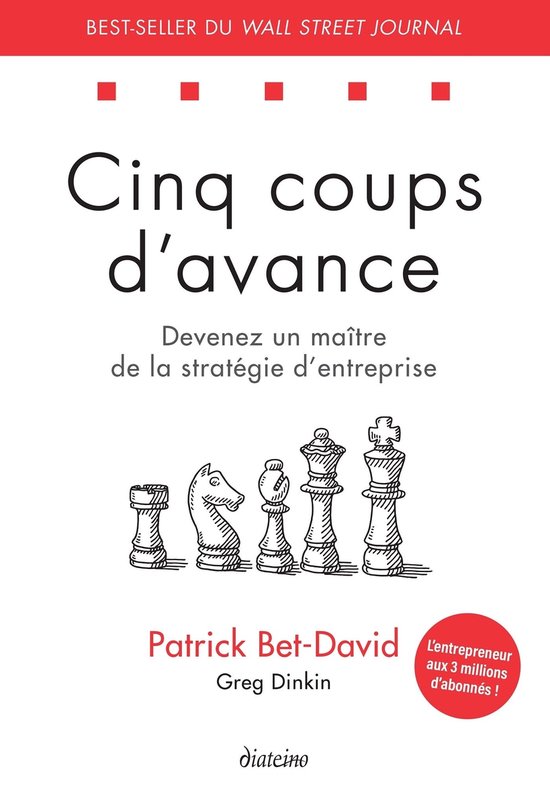 Boek 'Cinq coups d'avance' met schaakstukken en de tekst 'Devenez un maître de la stratégie d'entreprise'.