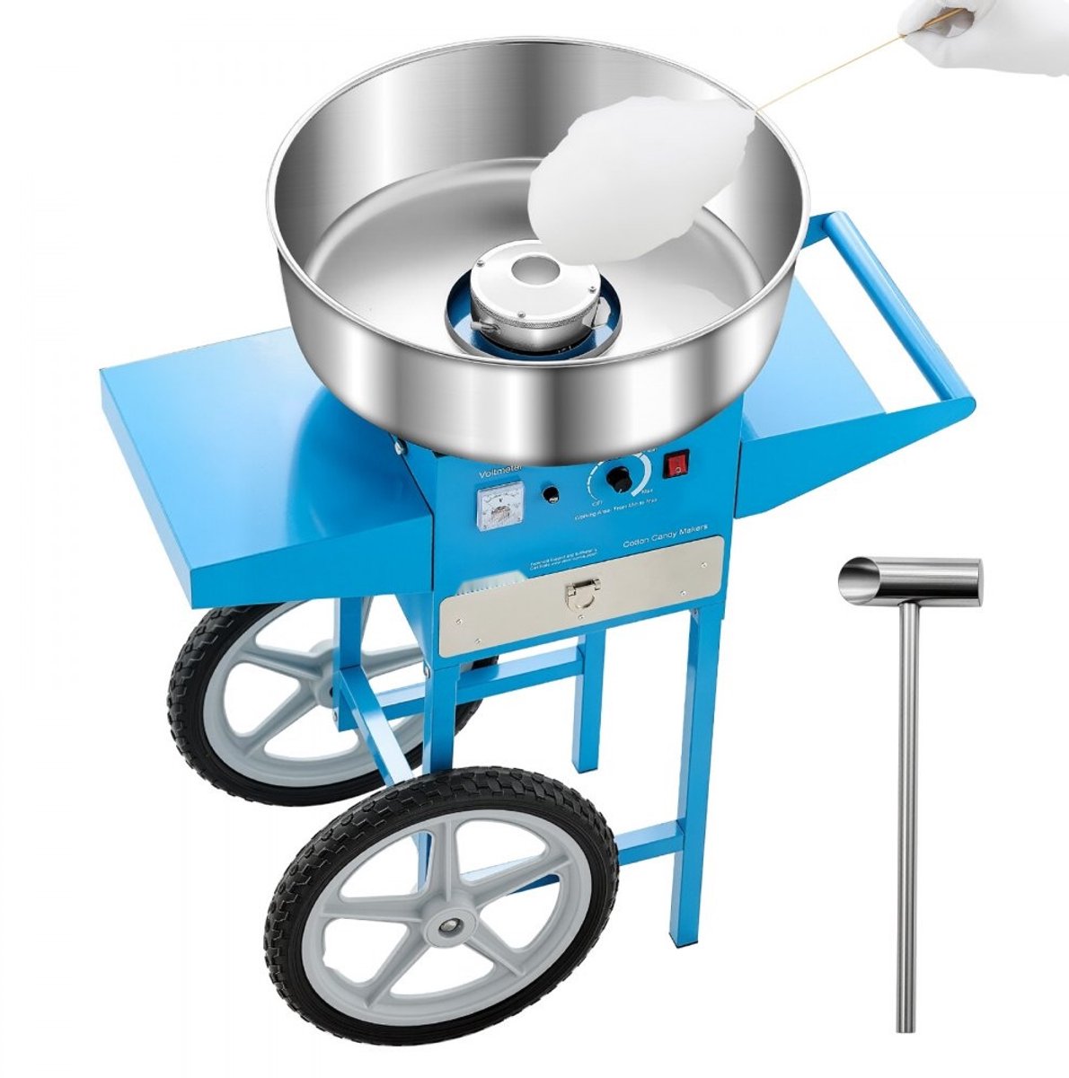 Suikerspinmachine - Commercieel elektrisch met kar - 1000 W - 52 cm RVS kom - Met opberglade - Inclusief suikerschep - Blauw