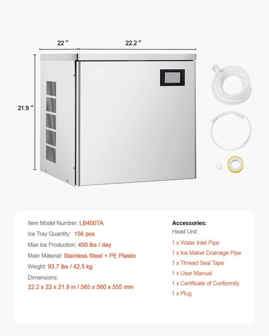 IJsblokjesmachine - Commerciële Bovenunit (Alleen Kop) - Capaciteit 181 kg per dag - Roestvrij Staal + PE-Kunststof - Slim Bedieningspaneel - Reiniging met Eén Knop - Voor Horeca van Merkloos — afbeelding 2
