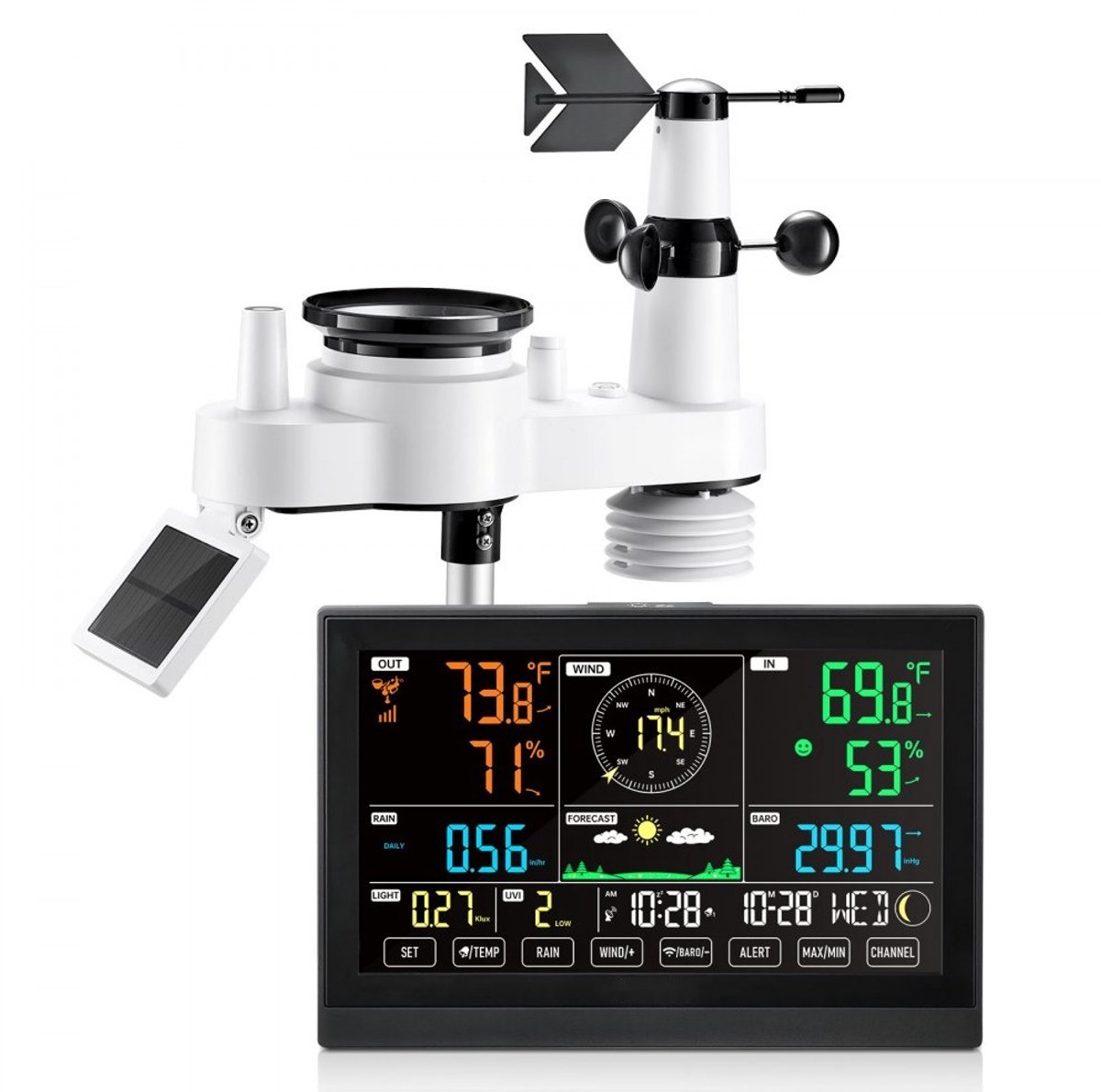 Weerstation 7-in-1 - Draadloos met Buitensensor op Zonne-energie - 19 cm Display - Regenmeter - Temperatuur & Vochtigheid - Windsnelheid & Windrichting - Geen wifi