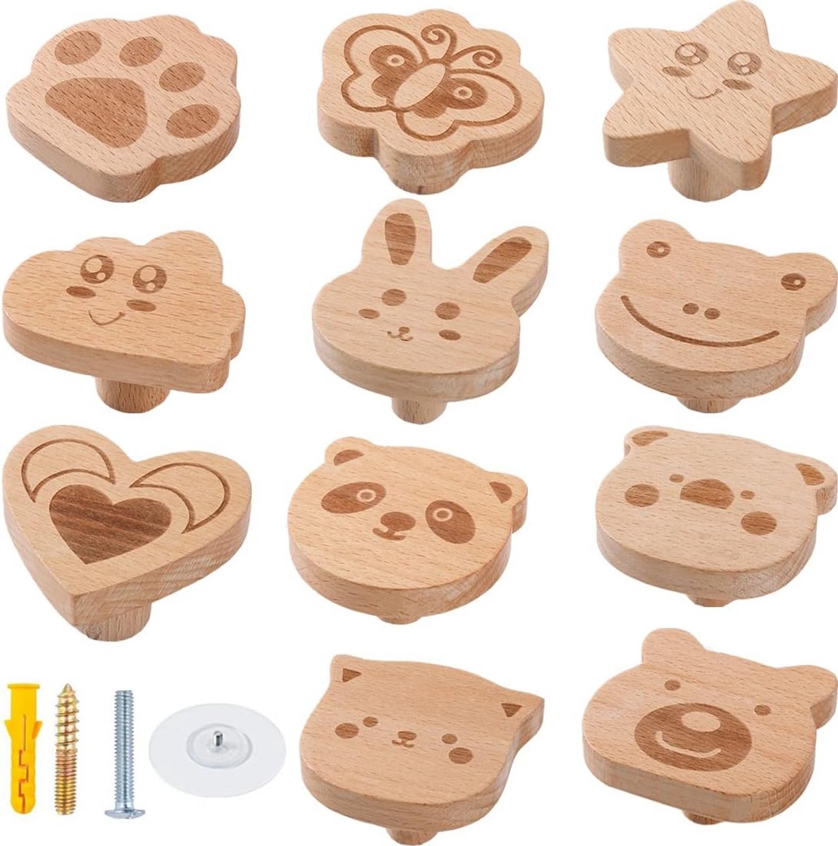 2x Houten Meubelstoppen met Dierenmotief - Decoratieve Ladeknop & Zelfklevende Haak voor K