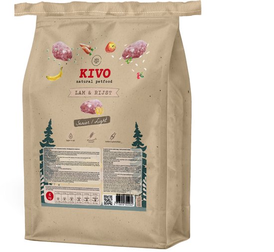 Bruine zak KIVO Petfood Lam & Rijst Senior/Light 14 kg met afbeeldingen van ingrediënten en een hond.