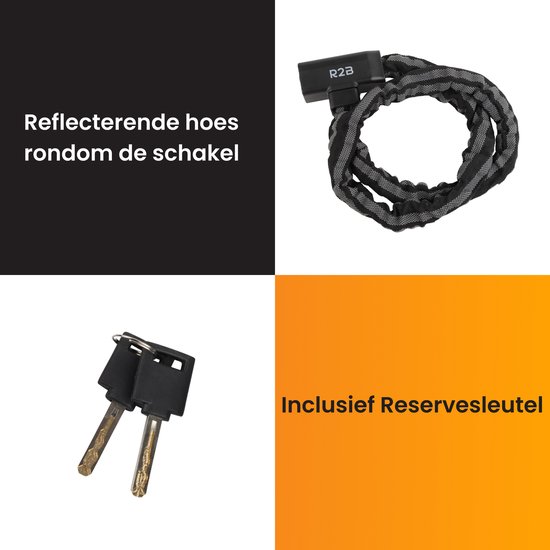 R2B® Fietsslot met twee sleutels - 115 cm - Reflecterend - Kettingslot fiets - Fietssloten electrische fietsen - Fietsslot ketting van R2B — afbeelding 4
