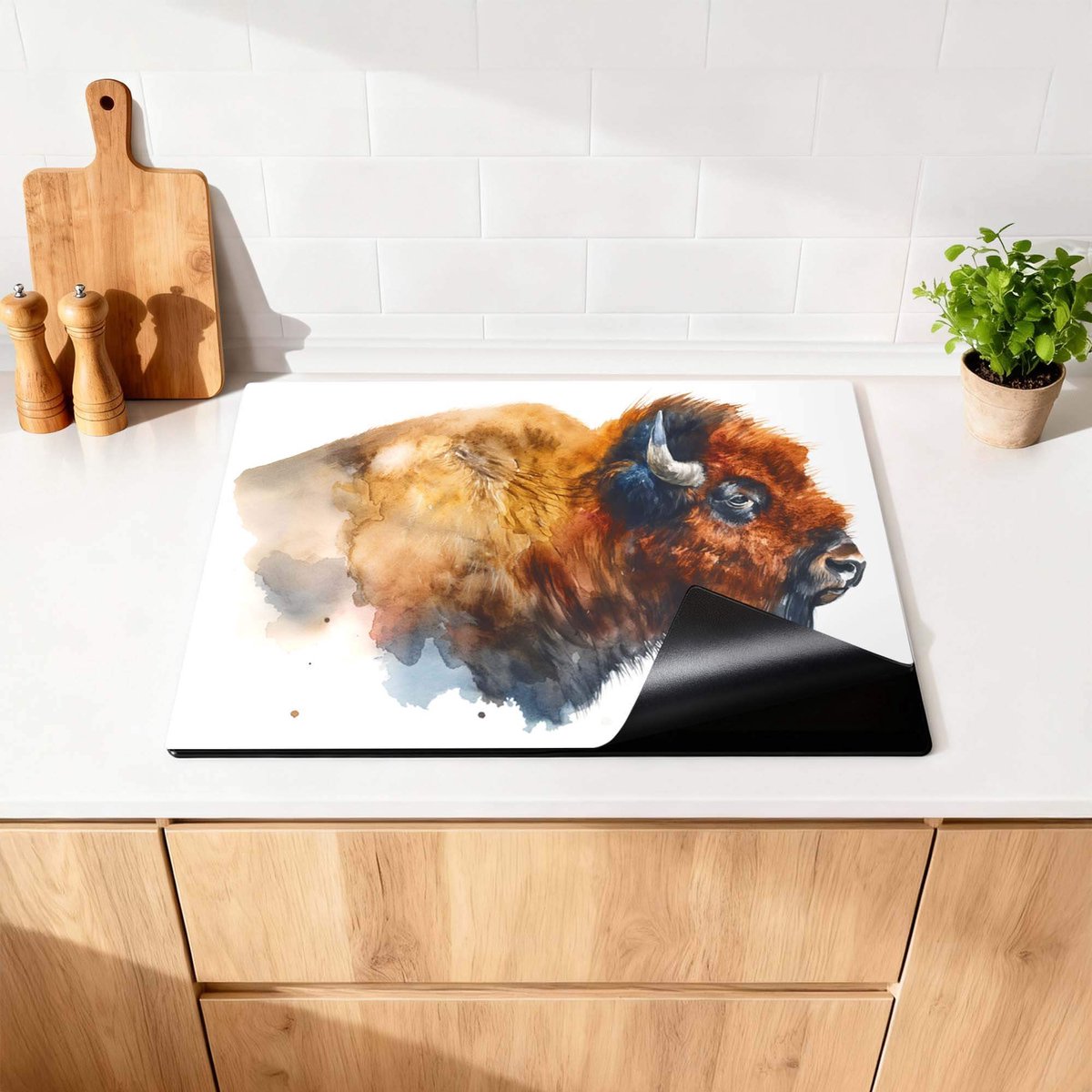 KitchenArt - Majestic Bison - Inductie Beschermer - 78x52 cm - Kookplaat Beschermer - Luxe Afdekplaat Inductieplaat - Anti-slip & Oprolbaar - Beschermmat Inductiekookplaat