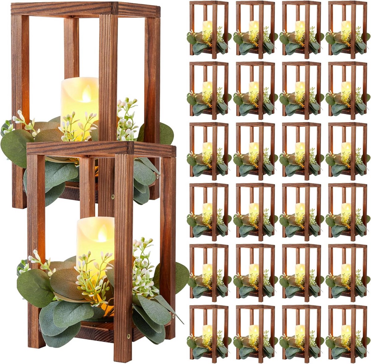 12x Houten Lantaarns Set: Landelijke Tafeldecoratie & Sfeervolle Kaarsenhouder voor Bruiloft