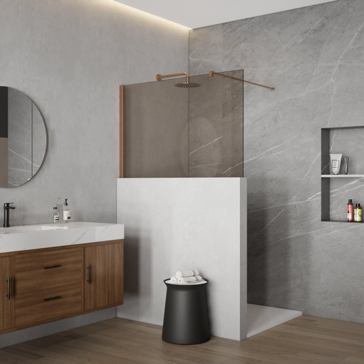 FugaFlow Eccelente Vetro Halfhoge Inloopdouche - 110x80cm - rookglas - 8mm - nano - met profiel en stabilisatiestang - Geborsteld koper PVD (Koper)