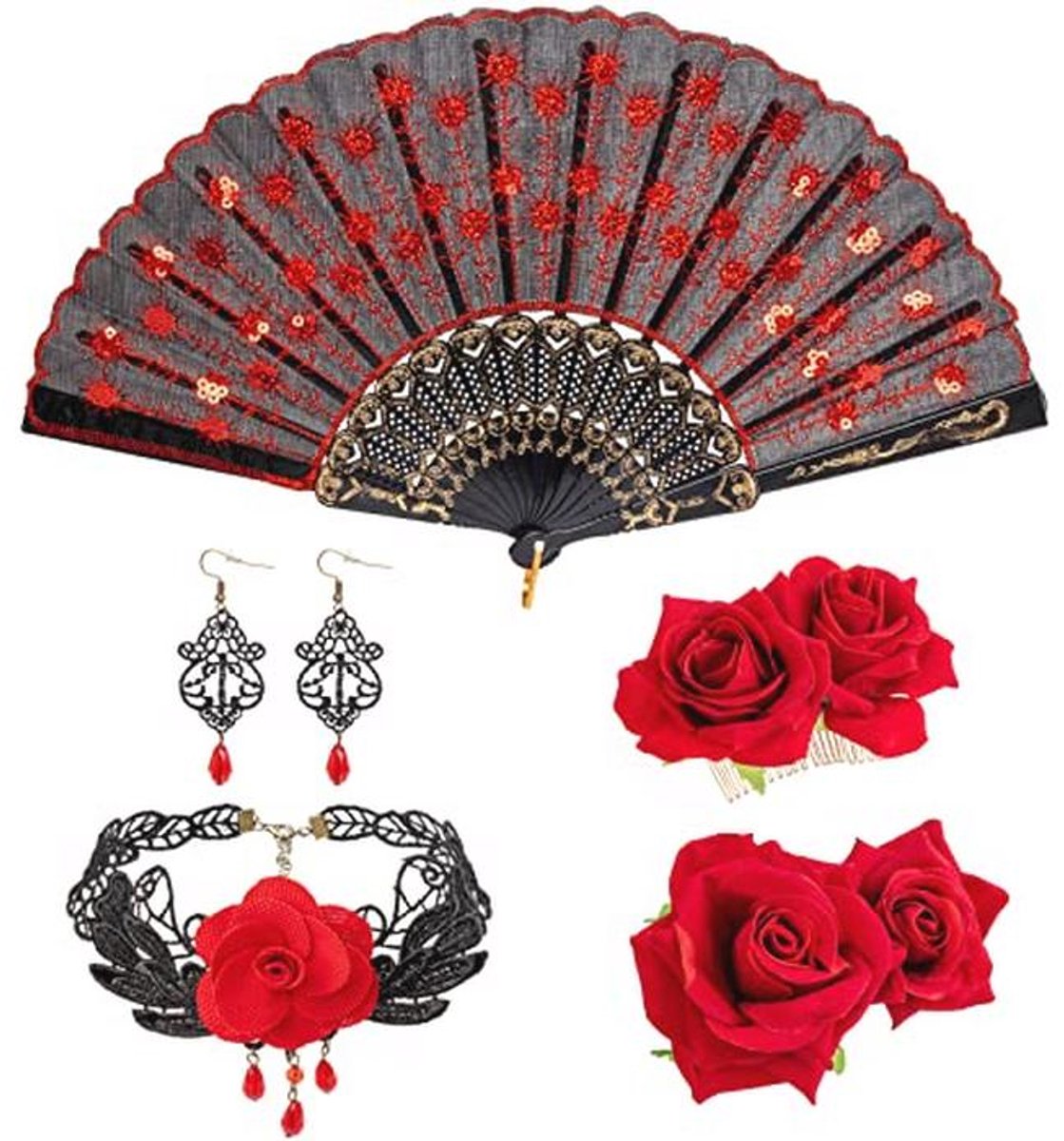Rozenbloem Haarclip en Vouwen Fan Set - Elegante Haaraccessoires voor Dames