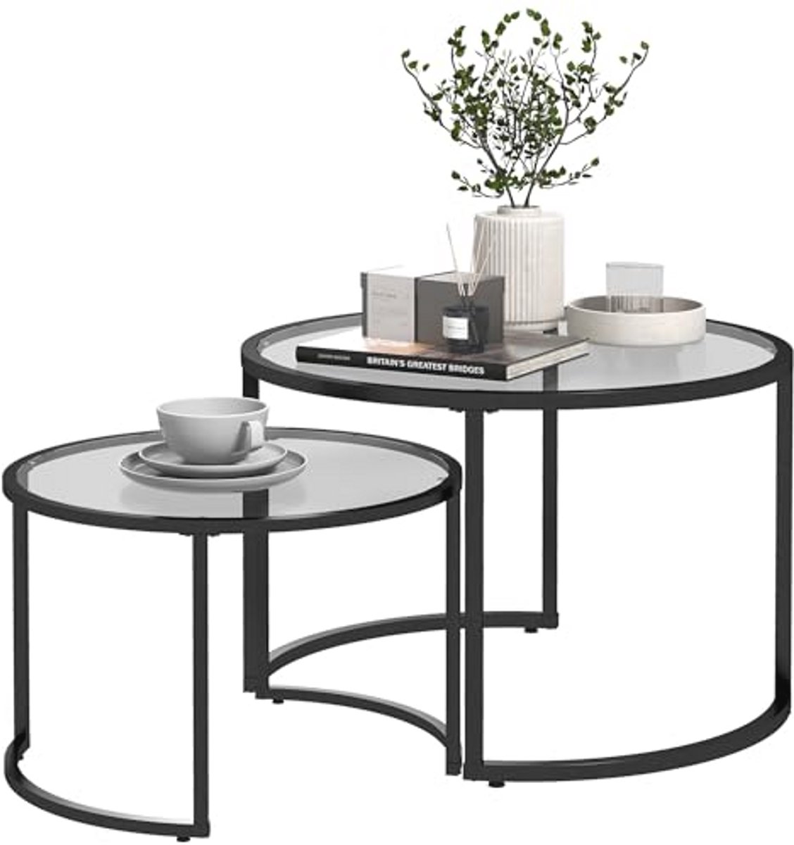 Stapelbare Salontafel Set van 2 met Glazen Bladen en Stalen Frame - Multifunctionele Bijzettafels voor Woonkamer en Slaapkamer