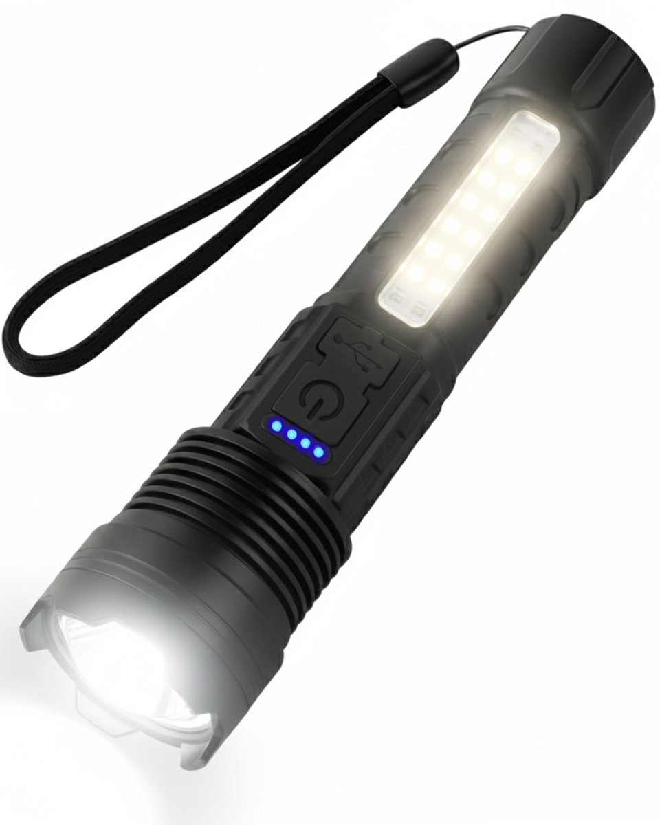 ODESSEY Tactische Zaklamp - LED Oplaadbaar - COB-Verlichting - met Polsband - Militaire Zaklamp - Zaklampen - Kind - Zwart
