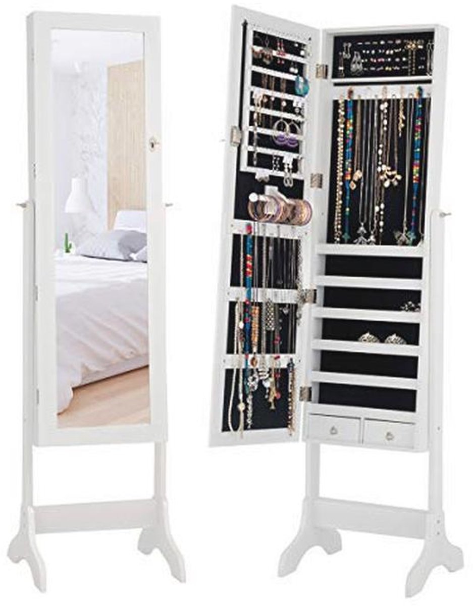 Sieradenkast met Spiegel en Laden - Staande Sieradencommode met Kantelbare Spiegel in Wit Hout