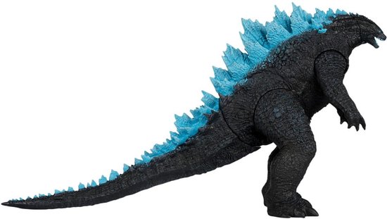 Godzilla actiefiguur met zwarte schubben en blauwe stekels op de rug.