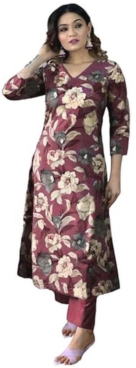 Dames Rayon Rechte Geprinte Kurta en Pant Set
