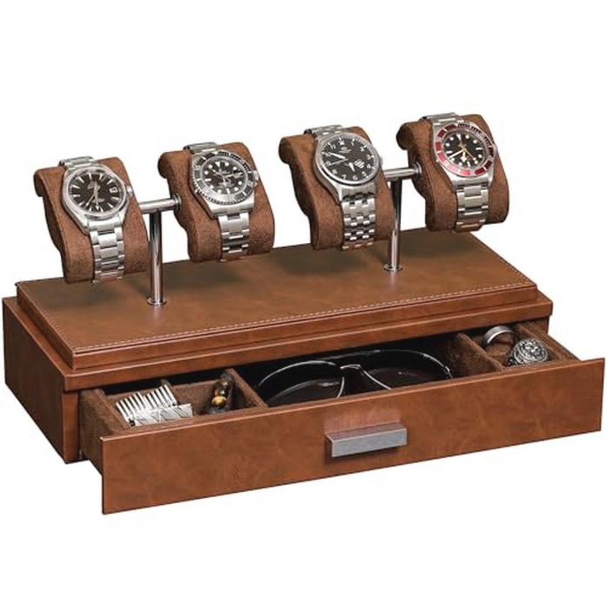 Luxe horlogevitrine voor 4 horloges met leren afwerking en acrylhoes