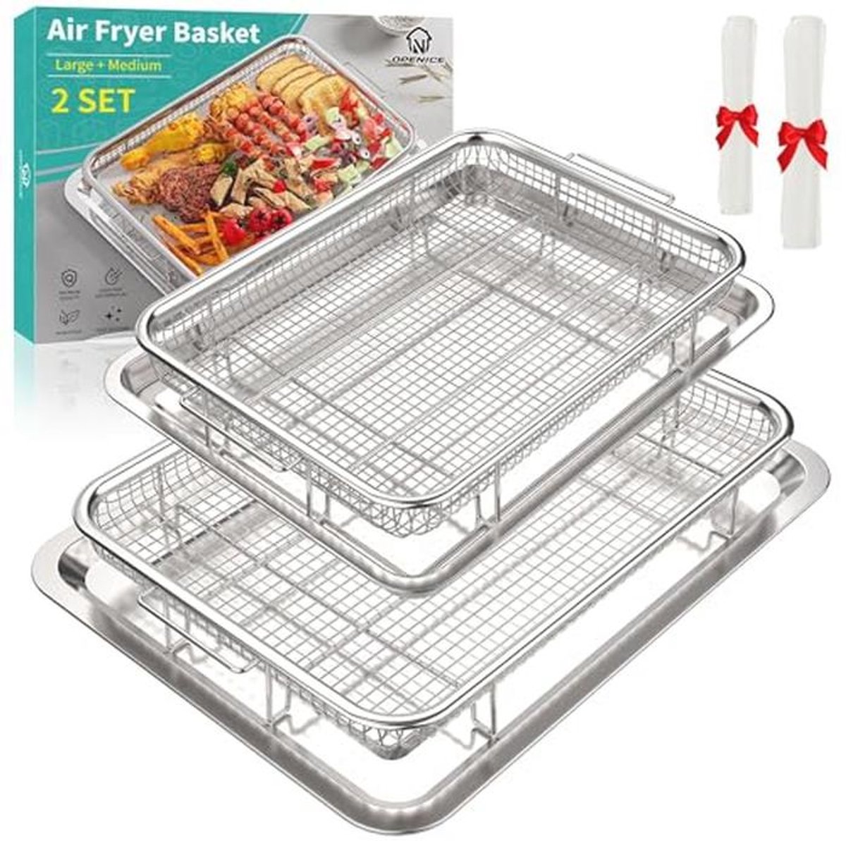 Grote luchtfriteuse mand en baksets voor oven - 2 manden, 2 trays en 30 vellen bakpapier