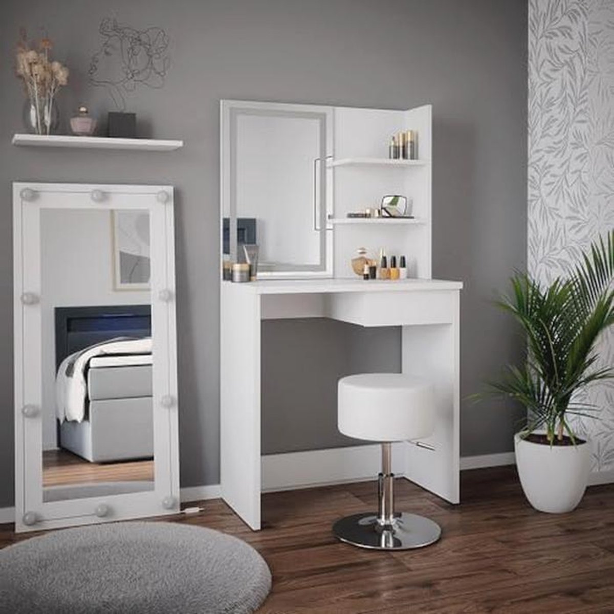 Makeup tafelset met LED spiegel en kruk - Wit 75 cm - Stijlvol en Functioneel