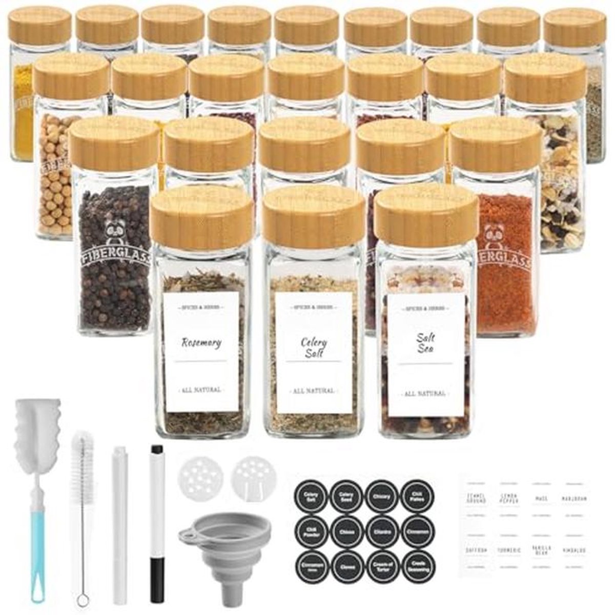 Set van 24 vierkante specerijglazen 120 ml met bamboe deksels en labels