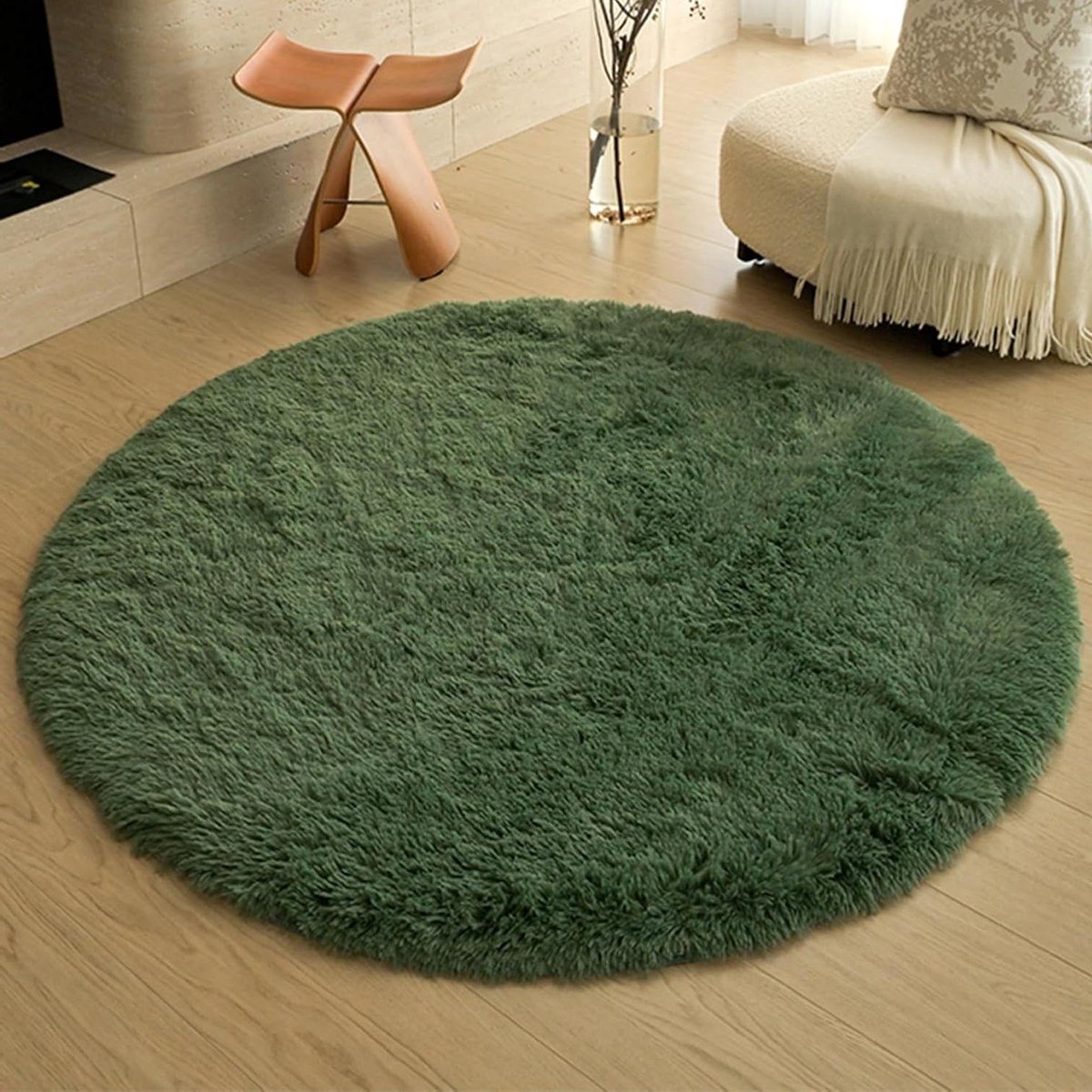Provento - Donkergroen rond tapijt, super zacht, shaggy, wollig, modern design, wasbaar - 80 cm diameter