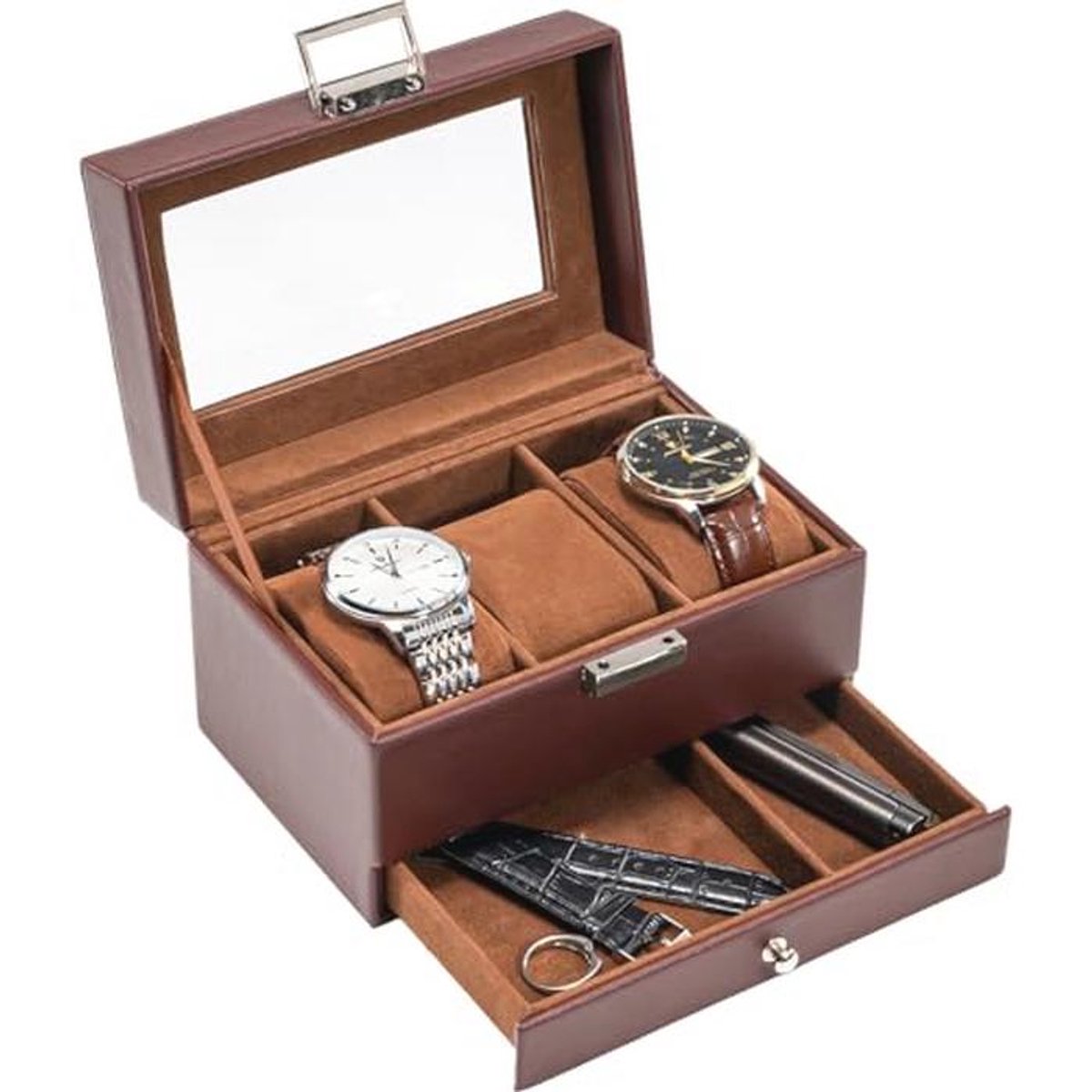 Heren Horlogedoos met 3 Vakken en Laden - Luxe Horlogehouder met Glazen Deksel - 2-Laags Sieraden- en Horloge Organizer voor Mannen en Vrouwen